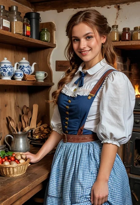 (medium full shot) of (charming bavarian) young woman, mexican, mahogany skin, hazel eyes, medium build, extra long ginger side-...