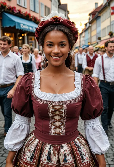 (medium full shot) of (charming bavarian) young woman, african, dark skin, black eyes, normal build, medium dark  hair, wearing ...