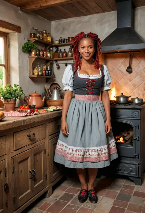 (medium full shot) of (traditional bavarian) young woman, black american, dark skin, black eyes, busty build, short red dreadlocks hair, wearing a grey dirndl with floral patterns, traditional clogs, eyeliner, checkered shawl,  set in  farmhouse kitchen, rustic space with a large wooden table, open fireplace with a pot hanging over it, shelves stocked with jars and spices, an old-fashioned oven in the corner, at sunset, woman smiling, ,Masterpiece,best quality, photo, realistic, very aesthetic, detailed face,