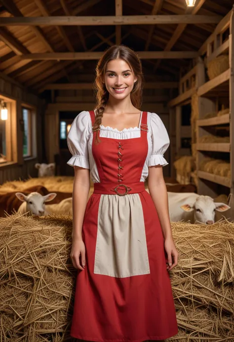 (medium full shot) of (radiant bavarian) young woman, persian, caramel skin, hazel eyes, busty build, extra long ginger straight down hair, wearing a red midi dirndl with apron, strappy sandals, glossy lip gloss, suspenders,  set in  farmhouse, barn with hay bales stacked high, farming tools hanging on the walls, a loft area with extra storage, animals like cows and goats in their pens, at night, woman smiling, Masterpiece,best quality, photo, realistic, very aesthetic, detailed face,