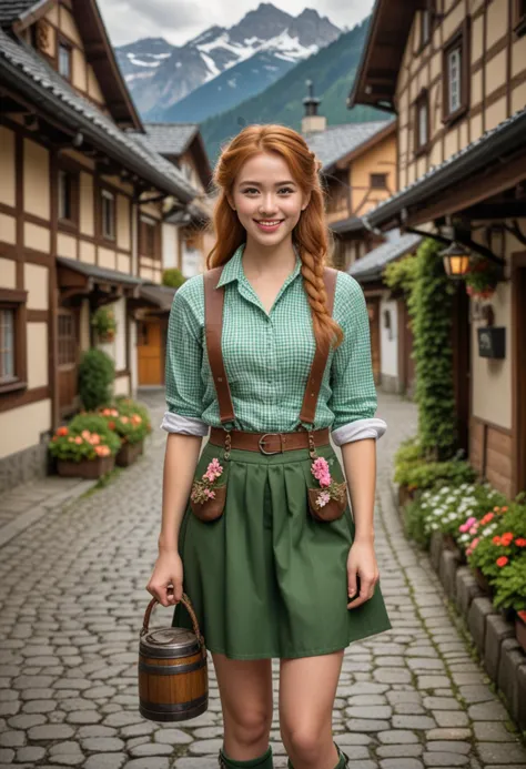 (medium full shot) of (rustic bavarian) young woman, japanese, light skin, brown eyes, lithe build, long ginger half-up half-down hair, wearing a green lederhosen shirt, checkered skirt, leather loafers, eyeliner, carrying a traditional beer stein,  set in  alpine village, charming street lined with half-timbered houses, flower boxes in full bloom, cobblestone pathway, majestic mountains in the background, woman smiling, Masterpiece,best quality, photo, realistic, very aesthetic, detailed face,