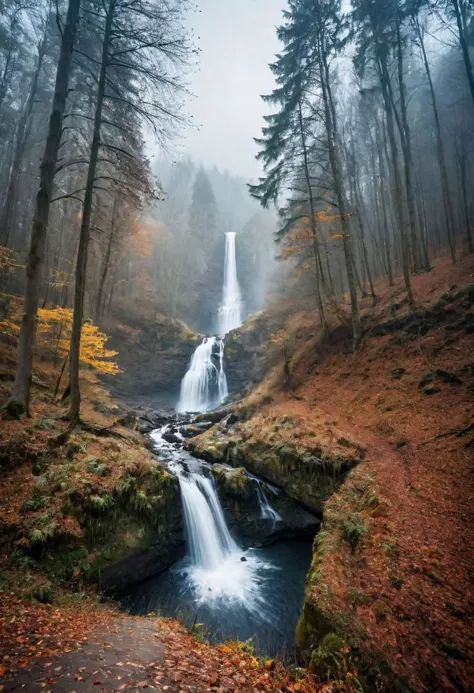 a waterfall in the middle of a forest with trees and leaves