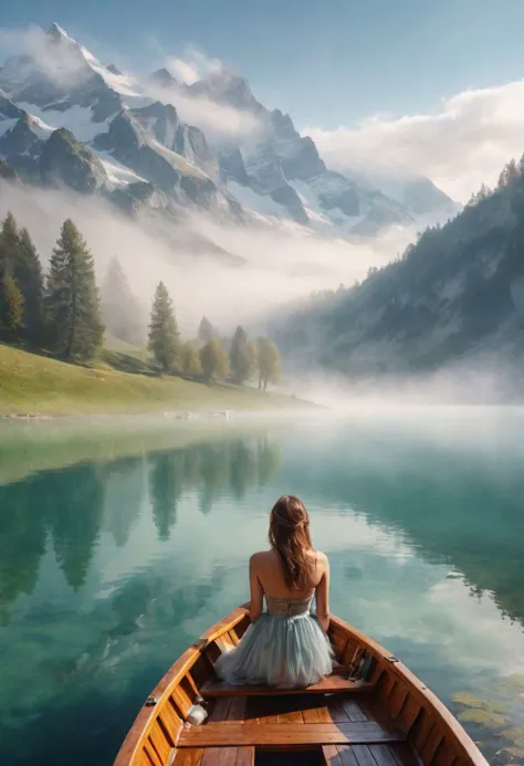 8k breathtaking view of a Boat on the waterside of a small lake, girl on boat, swiss 20 yo woman, beautiful woman, swiss alp, mountain lake, milky haze, morning lake mist, masterpiece, award-winning, professional, highly detailed in yvonne coomber style, undefined, snow, mist, epiCPhotoGasm-colorfulPhoto