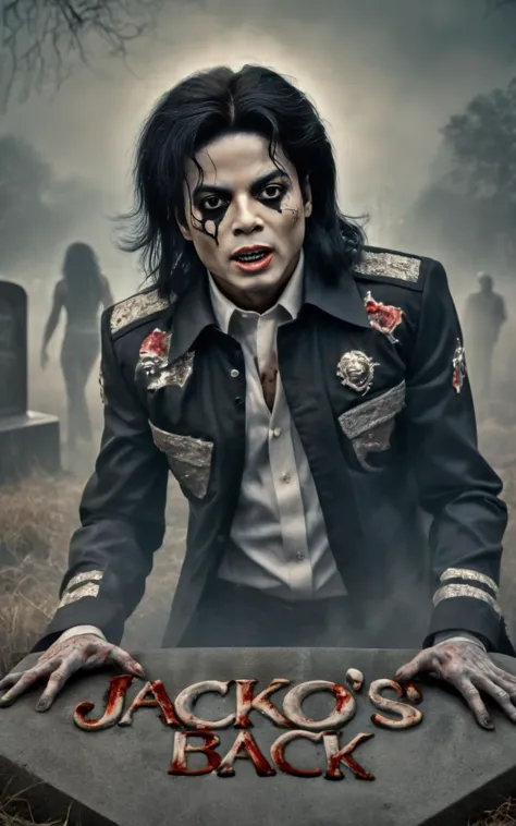 (text:"Jacko's back":1.6), a photo of zombie michael jackson, attacking the camera, (crawling:1.3) out of her grave, stuck in hi...