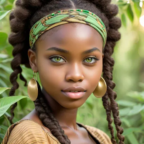 Photograph of a cute light skin color african girl with light green eyes,