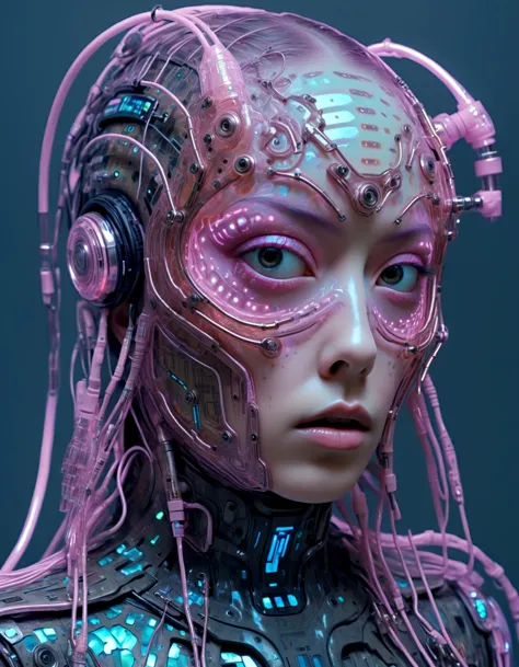 portrait Glowing circuitry motifs, robotic appendages, holographic fabrics, avant-garde cybernetic fashion, Wired Wonderland Magazine, a neon-lit dystopian future city setting.(roe:1.1) half face, (disturbing:1.1), fish skin,detailed, ,