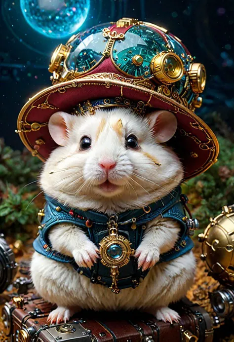 there is a hamster that is wearing a hat and sitting on a suitcase