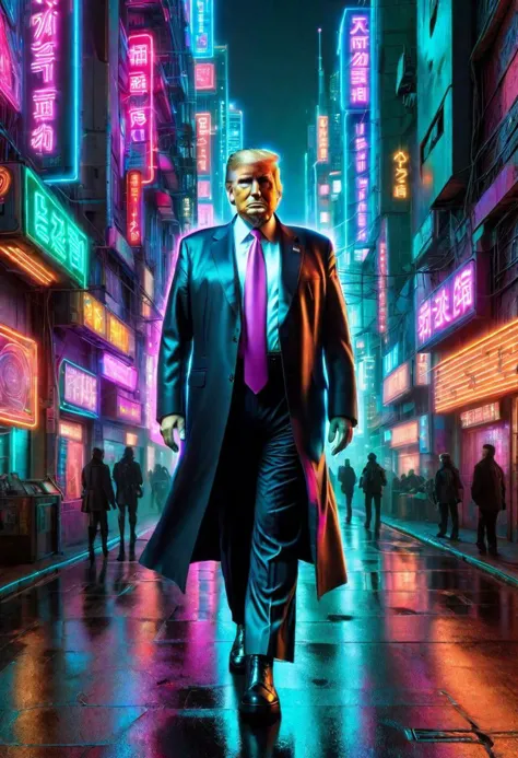 Donald Trump in a cyberpunk city, colorful neon light