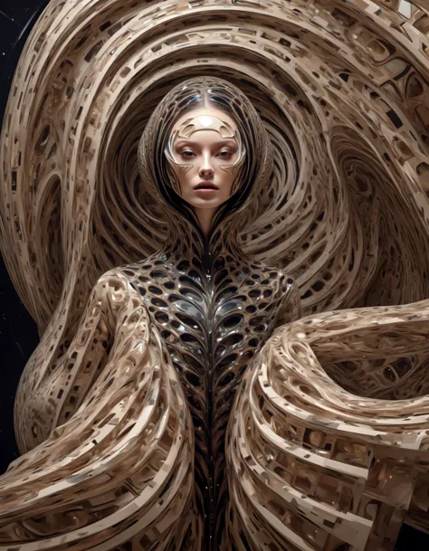 alien portrait Floating geometric shapes, warped dimensions, mind-bending illusions, haute couture defying laws of physics, Vogu...