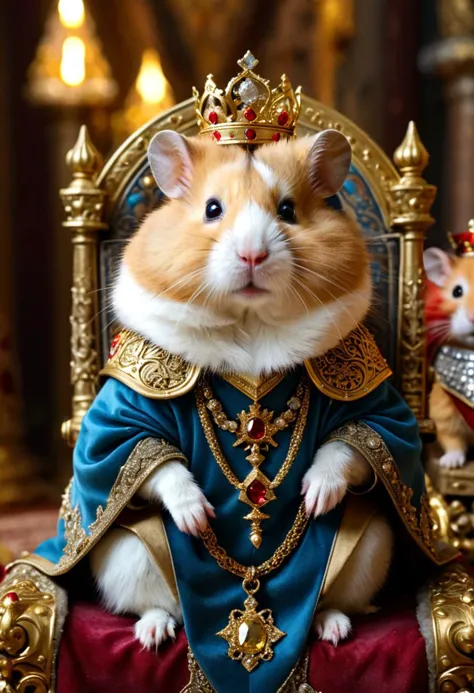 a fluffy Dzungarian hamster in royal robes with a crown on his head, sits on a golden throne, decorated with precious stones, di...