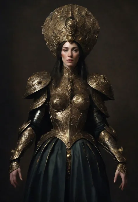 a woman in a gold armor and black dress