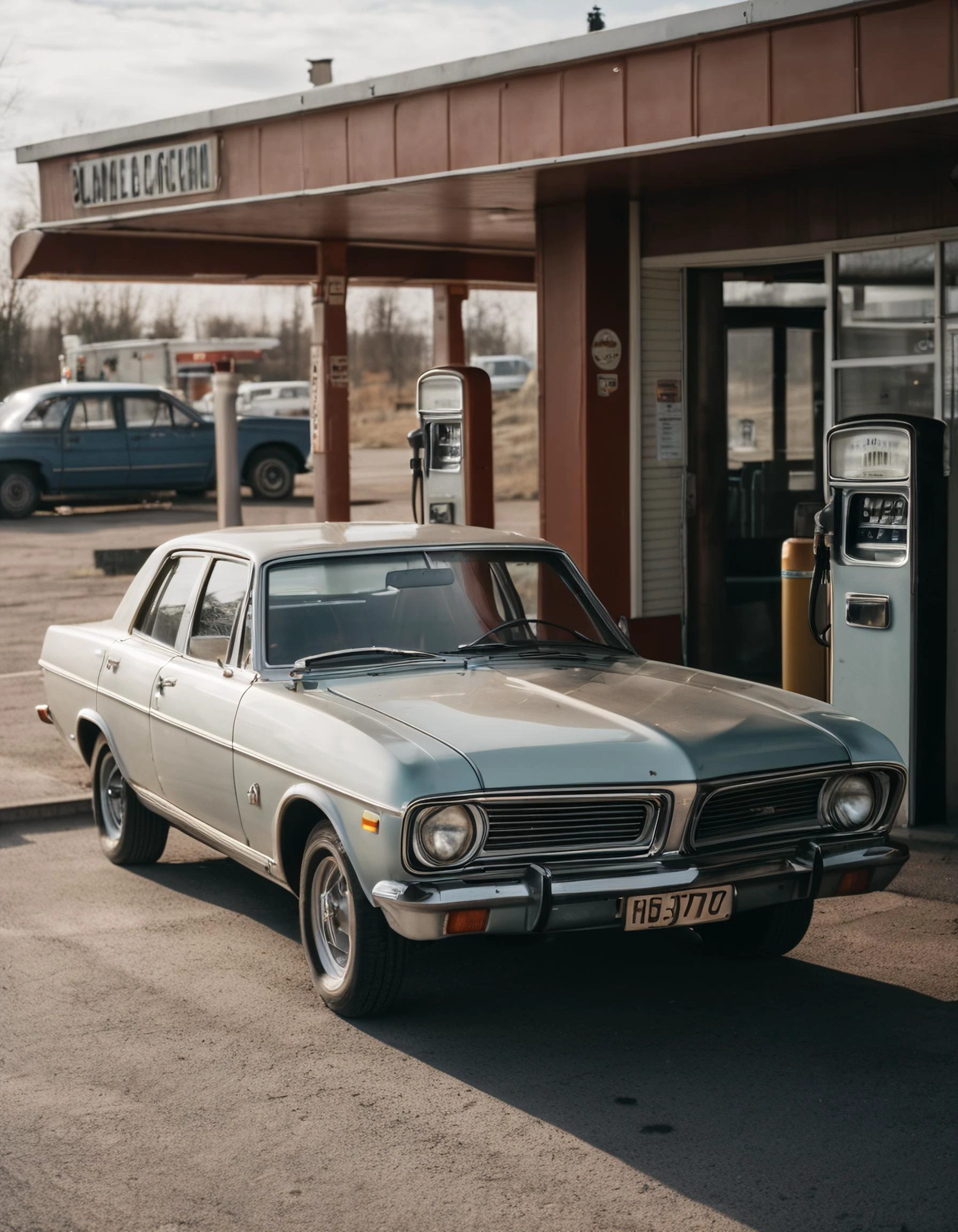 photo brute d&#39;un véhicule ancien dans une station-service des années 1970, plan cinématographique, Éclairage naturel, mise au point automatique