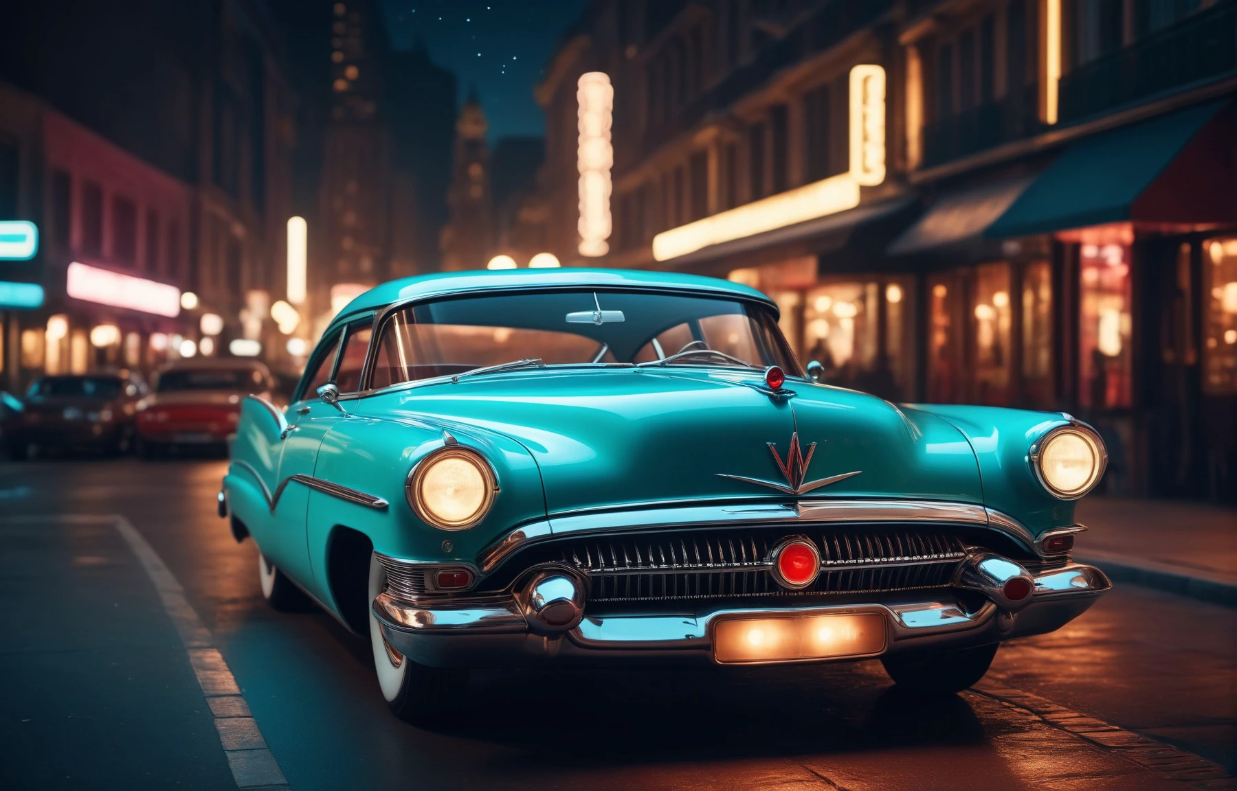 时尚摄影, 20 世纪 50 年代复古未来主义风格的汽车夜间照片, 低光, 散景, 复杂的细节, 充满活力的氛围, 清晰聚焦, 4k, 8千, 高质量