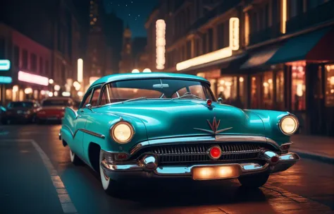 fashion photoshoot, a photo of a 1950s retro-futuristic car at night, low lit, bokeh, intricate detail, vibrant atmosphere, shar...