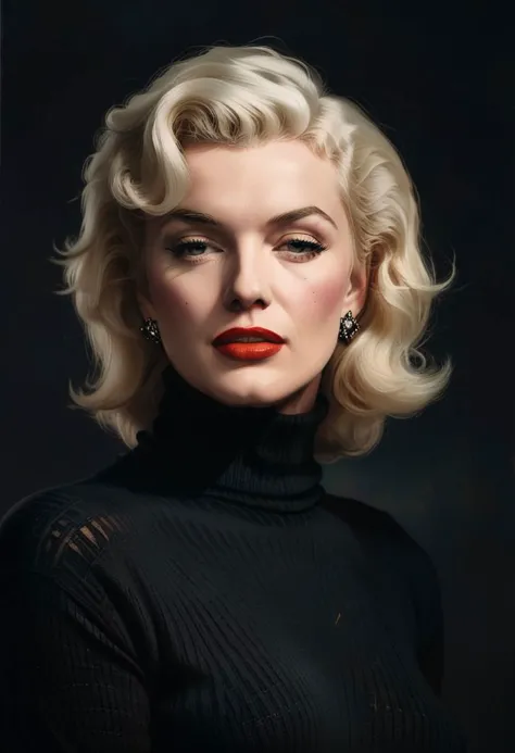 minimal moody closeup portrait of Marylin Monroe wearing a black turtleneck sweater emerging from the shadows
