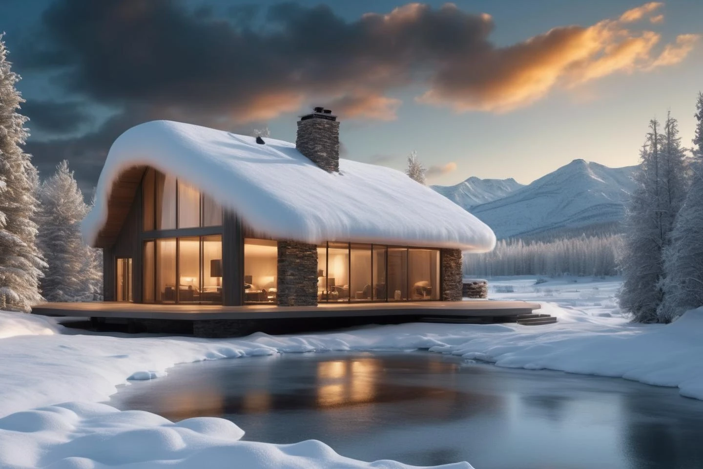 Unparalleled masterpiece, (photorealistic:1.4), best quality, beautiful lighting, (hot spring), (extremely detailed 8k wallpaper), full shot landscape photo of the most beautiful artwork in the world, winter wonderland, snow, ice, cloudy sky background lush landscape house and trees illustration concept art
