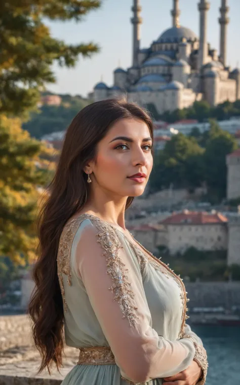 a beautiful turkish woman is standing near istanbul Castle, bokeh, highly detailed
