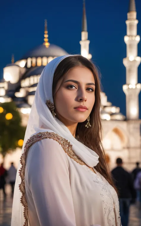 a beautiful turkish woman is standing near istanbul sultan ahmed mosque, bokeh, highly detailed
