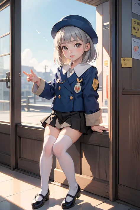 anime girl in uniform sitting on a window ledge pointing at something