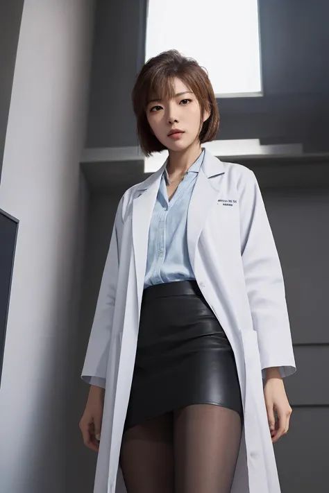 Miyano Shiho,solo,cuffs,handcuffs,labcoat,blonde hair,wariza,short hair,brown hair,dark,pencil skirt,black pantyhose,(detailed f...