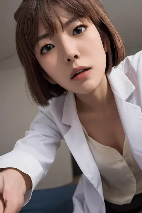 Miyano Shiho,solo,cuffs,handcuffs,labcoat,blonde hair,wariza,short hair,brown hair,dark,pencil skirt,black pantyhose,(detailed face),detailed skin,looking at viewer,pov,from below,
angry,serious,, masterpiece,8k,incredibly_absurdres,best quality,depth field,photorealistic,ultra highres,real picture,(realistic:1.2),masterpiece,intricate details,ultra-detailed,