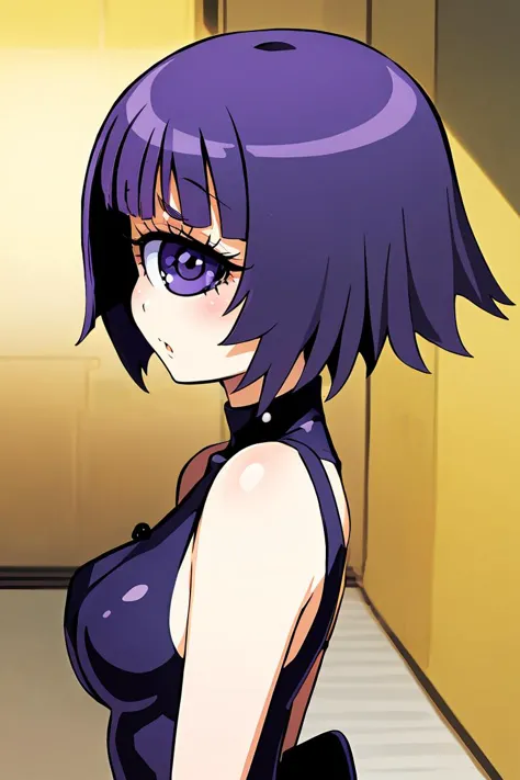 anime girl with purple hair and glasses in a room