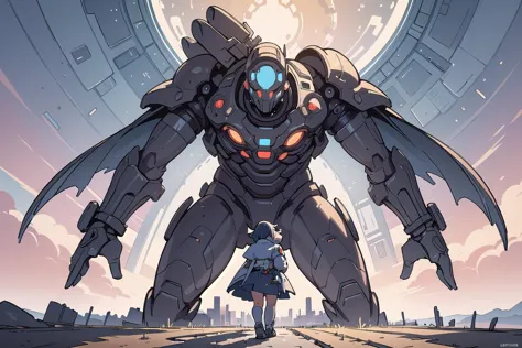 a cartoon picture of a giant robot standing in front of a giant robot