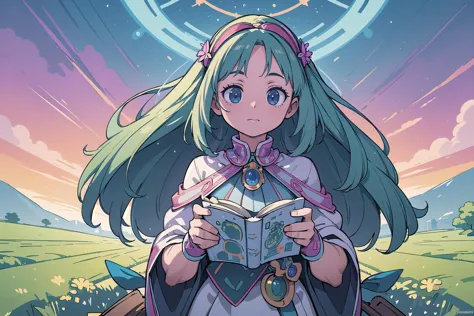 a woman with long hair and a cape holding a book