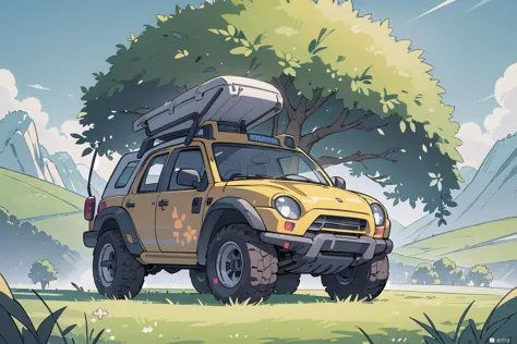 cartoon of a yellow suv with a roof rack on top