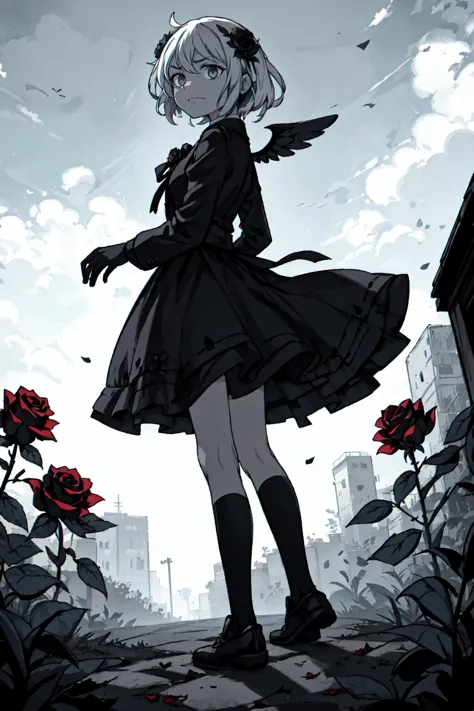 a cartoon girl in a black dress standing in a garden