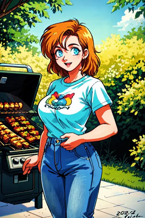 a close up of a cartoon of a woman standing next to a grill