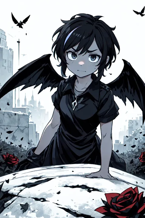 a cartoon picture of a girl with black hair and wings