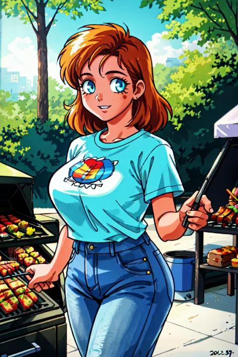 a woman standing next to a grill with food on it