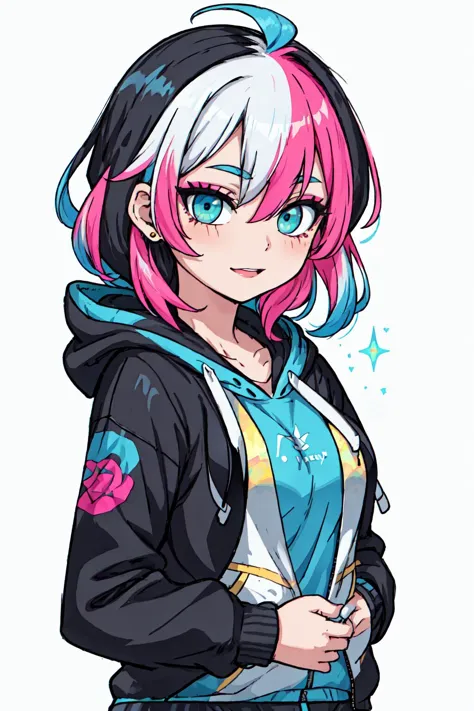 a girl with pink hair and blue eyes wearing a hoodie