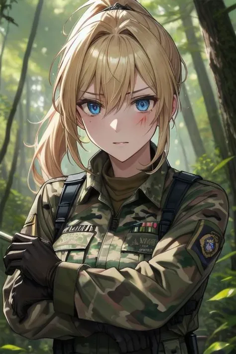 1 woman, beautiful,whole body,<lora:Army uniform By Stable yogi:0.8>wearing army camouflage uniform, dirty military uniform, for...