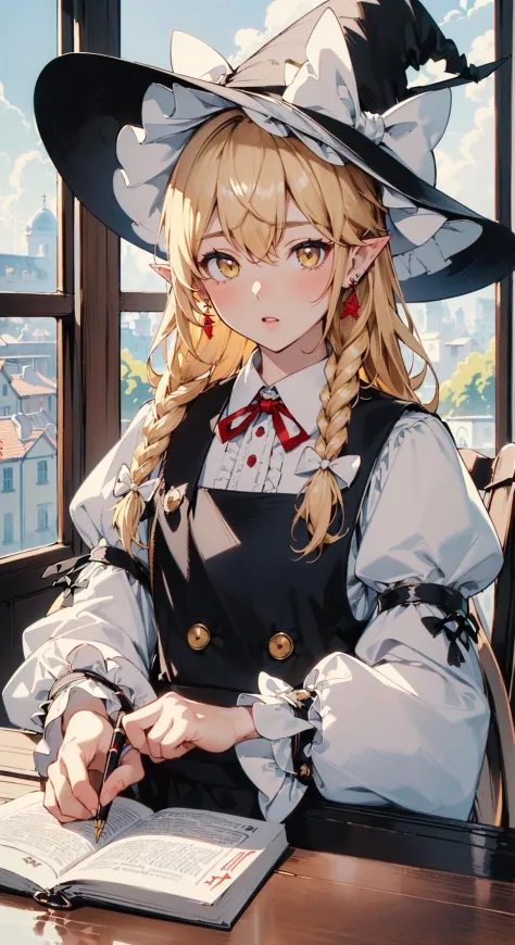 (Ultra detailed:1.3) ((((best quality))), (((ultra detailed))), (((masterpiece))), illustration,1girl, hat, solo, witch hat, braid, blonde hair, kirisame marisa, bow, yellow eyes, pointy ears, looking at viewer, black headwear, jewelry, hat bow, shirt, cloud, white bow, long sleeves, white shirt, cup, ribbon, earrings, long hair, single braid, bangs, sky, red ribbon, puffy sleeves, upper body, hair bow, paper, parted lips, buttons, pen, book, red bow, neck ribbon, blue bow, frills, table, hand up, ribbon trim, blush, sitting, window, day, cloudy sky, coffee, collared shirt，(by Artist Bill Ward:1.3)