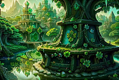 ((shiny)) , (((kLabyrinth green clover FantasyIcons_Gemstones forest WorldofIce landscape with WorldofIcemountains in the backgr...