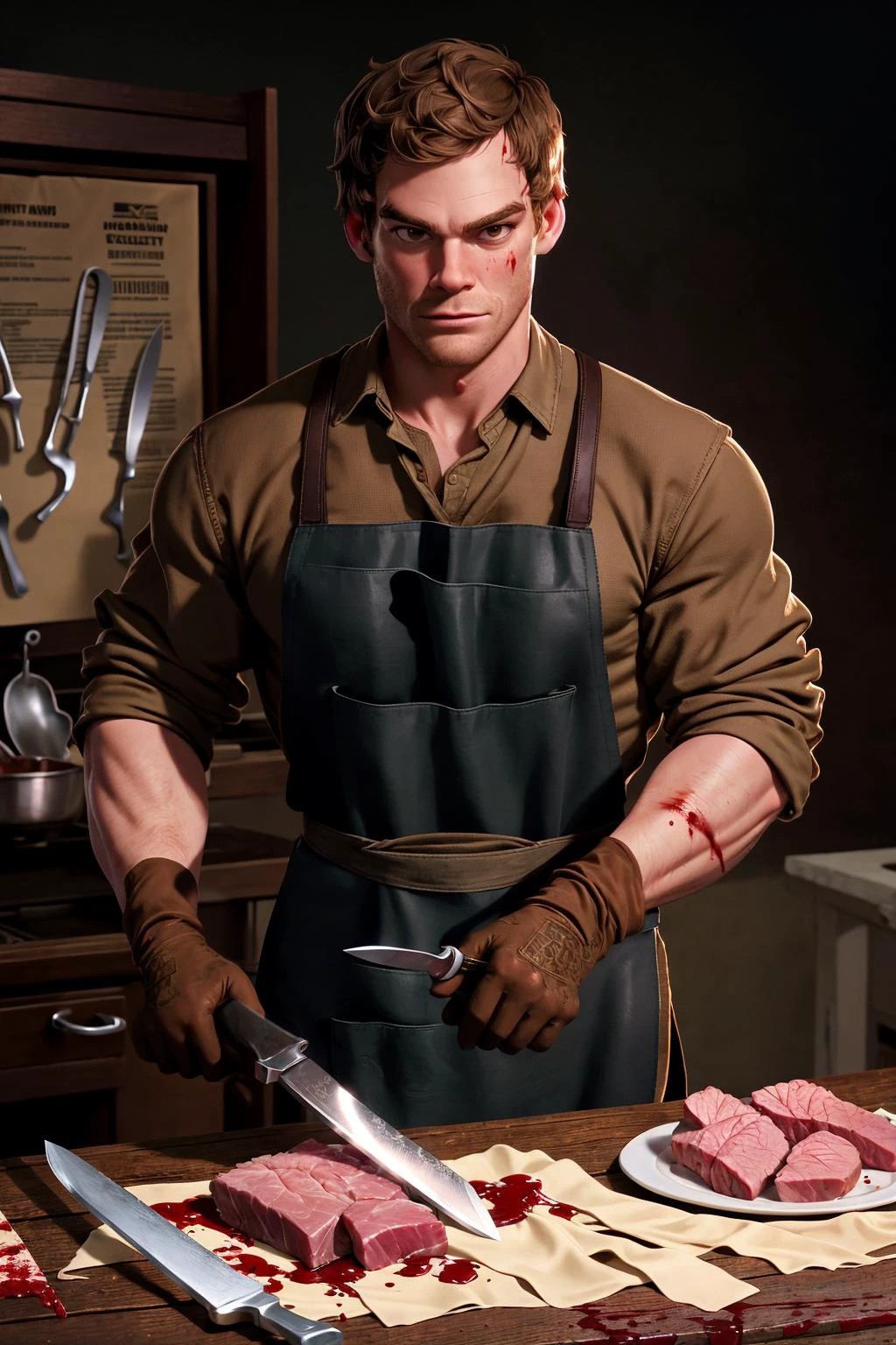 (masterpiece:1.2), portrait of a man dexmorgan, dexter morgan, ((wearing brown shirt))+++, ((black color apron)), wearing safety glasses, black gloves, holding two knives, serial killer, too many knives on the table, miami street, park, autopsy, blood everywhere BREAK big chunk of meat on a white table, crime scene tape, insane details, natural skin details, intricate, highly detailed, majestic, digital photography, sidelighting, hdr, 3d render, artstation, absurdres