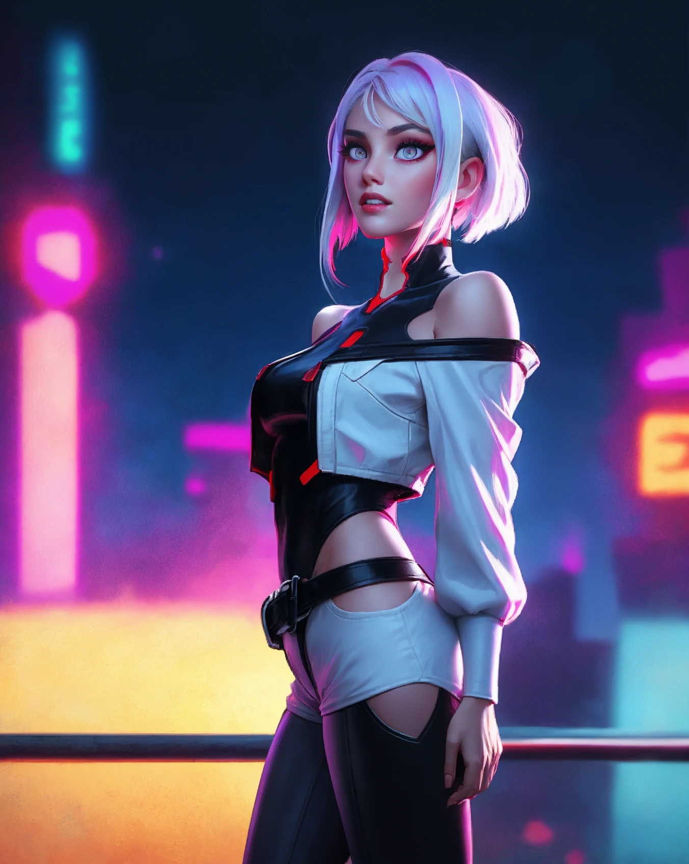 masterpiece, (photorealistic:1.4), best quality, beautiful lighting, (ulzzang-6500:0.5), lucy \(cyberpunk\), 1girl, white hair, against railing, arm rest, bangs, bare shoulders, belt, black belt, black leotard, black pants, blurry, bob cut, breasts, building, cityscape, clothing cutout, (cropped jacket), cyberpunk, depth of field, from side, gradient eyes, grey eyes, grey hair, white jacket, leotard, lips, long sleeves, looking afar, looking ahead, (mechanical parts), medium breasts, multicolored eyes, multicolored hair, night, night sky, off shoulder, open clothes, open jacket, outdoors, pants, parted lips, railing, red eyeliner, science fiction, short hair with long locks, short shorts, shorts, sidelocks, sky, solo, standing, teeth, thigh cutout, upper teeth only, white jacket, white shorts, cyberpunk \(series\), cyberpunk edgerunners, RAW photo, 8k uhd, film grain, cosplay, white wig, night, neon lights,,,, 