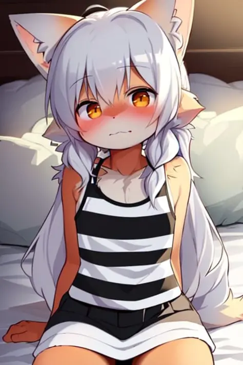 art by dagasi, (((best quality))), solo, sitting, (upper body close-up), (furry), young girl, cat ears, long hair, ((white fur)), ((body fur)), (smooth fur), (striped shirt), (sport skirt), flat chest, fluffy tail, blush, (:3), (on bed),