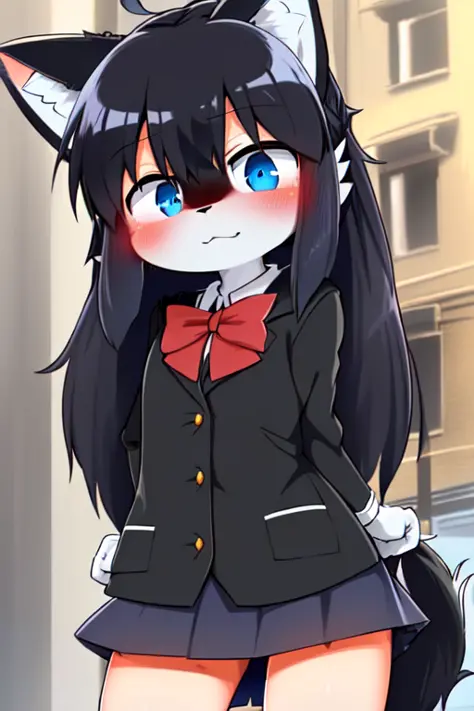 art by dagasi, (((best quality))), solo, standing, (from below), (upper body close-up), (furry), cat ears, long hair, blue eyes, ((black fur)), ((body fur)), (smooth fur), (student uniform), (short skirt), flat chest, fluffy tail, blush, (:3), (on street),