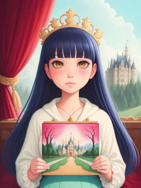 a painting of a girl with a castle in her hands, poster art by hikari shimoda, featured on pixiv, pop surrealism, whimsical, roc...