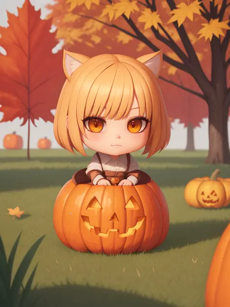 hand drawn cute chibi girls in autumn disguise holding pumpkin and maple leaf, 3d, unreal engine, blender render, detailed, conc...