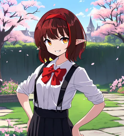 (artwork), (masterpiece), (amazing work), (masterpiece), (extremely detailed CG 8k unit wallpaper), <lora:GoodHands-vanilla:0.4>, <lyco:rizento-15:0.3>, brown hair with red streaked tips, (small breasts:1.0), hairband, (one red hairband:1.2), (short hair:1), (black hair:1.15), (red colored tips:1.2), (pointy ears:1.1), solo, (yellow eyes:1.05), (red_hair:1.025), (streaked_hair:0.9), bangs, <lora:Gena8:0.5>, cherry blossoms, garden, standing, hands on hips, white shirt, suspender skirt, suspenders, black skirt, red bowtie