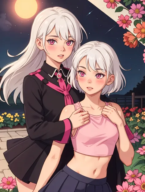 realistic, 1girl, white hair, pink eyes, crop top, skirt, parted lips, blush, night, flowers, sun, sunlight,