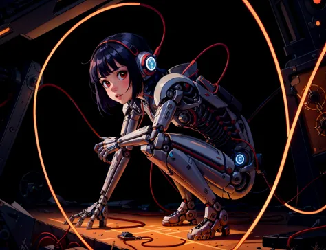 (masterpiece, top quality, best quality, official art, beautiful and aesthetic:1.2), (1girl:1.3), extreme detailed,colorful,highest detailed ((ultra-detailed)), (highly detailed CG illustration), ((an extremely delicate and beautiful)),(from above:0.4),cinematic light,((mechanical girl)),solo,full body,(machine made joints:1.2),((mechanical limbs)),(mechanical vertebra),((mechanical cervial )),((crouching)), (from below:0.4), ((( solo))),(wires and cables attaching to body:1.1), glass armor, translucent, (wires and cables on head:1.1)(face focus),science fiction, glowing eyes, looking at viewer, <lora:add_detail:0.4>,