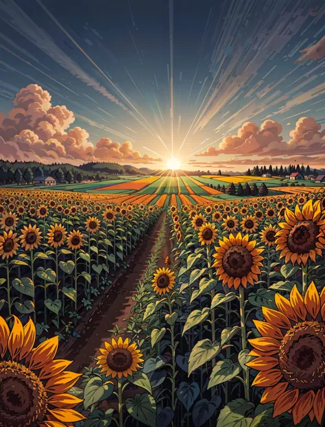 sunflower fields, blue sky, sunrise, hdr, (soft light, sharp:1.2), volumetric lighting, <lora:add_detail:0.5>, <lora:epiNoiseoff...