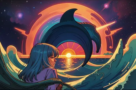 Comic book illustration in the style of Jean Giraud/Moebius, nebula swirling clouds, sunrise, waves, dolphins,