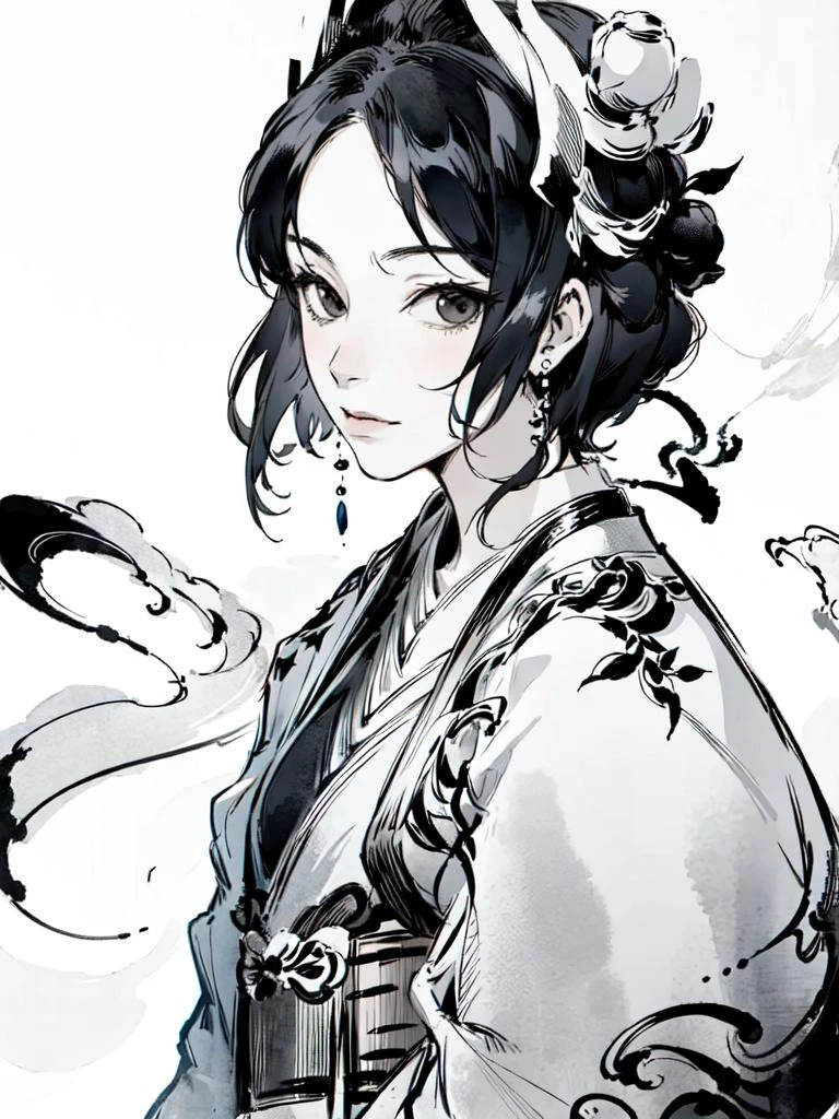 best quality, masterpiece, 
1girl,solo, ink paint, ink wash, white background, simple background, hanfu, short hair, taichi, 
 