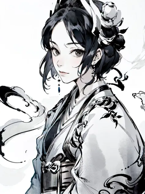 best quality, masterpiece, 
1girl,solo, ink paint, ink wash, white background, simple background, hanfu, short hair, taichi, 
 <...